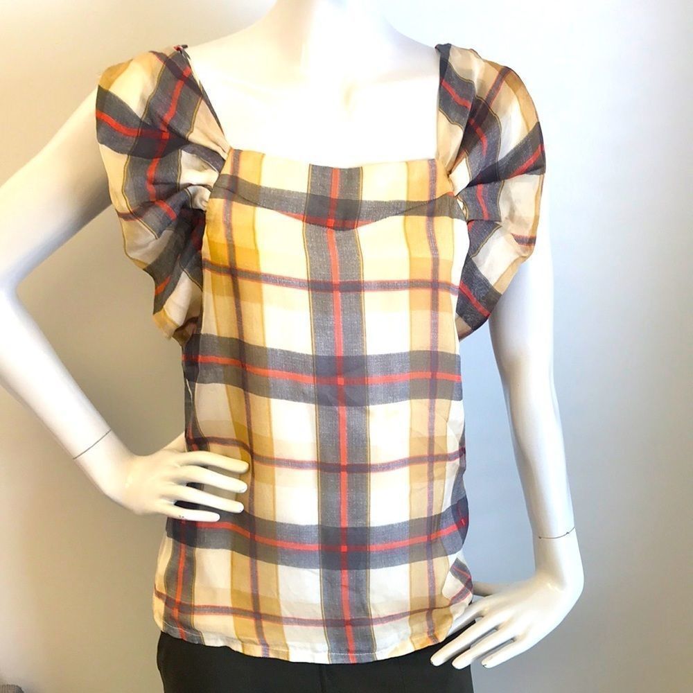 Paul & Joe silk blouse plaid ruffle cap sleeves